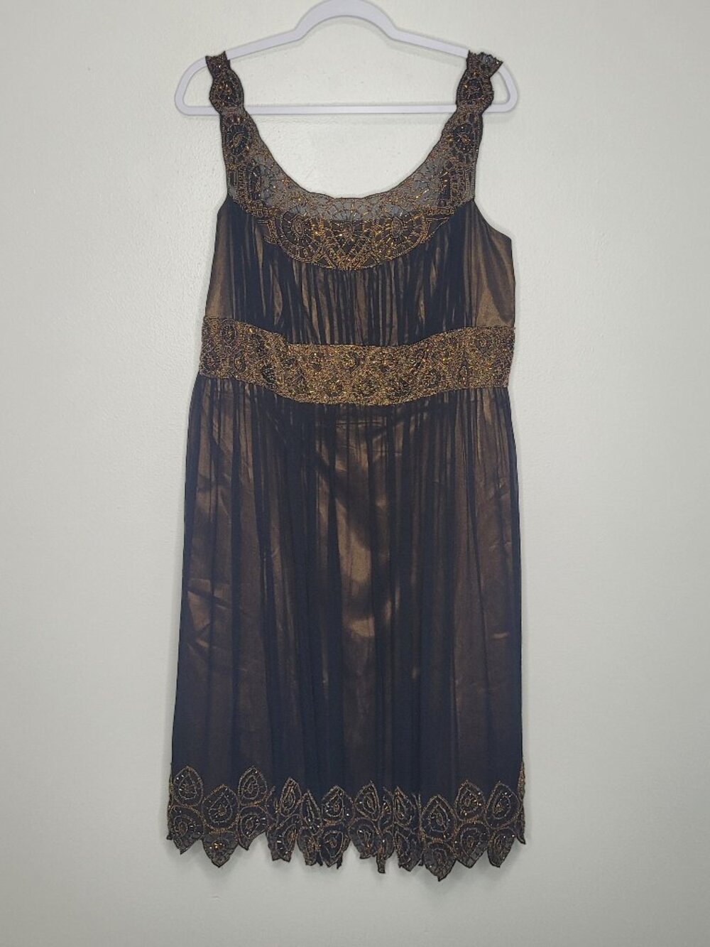 Adrianna Papell Evenings gold black mesh beaded 100% silk midi dress size 16w